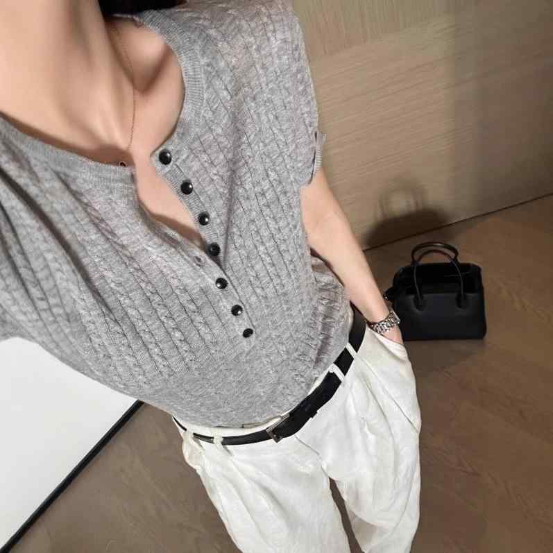 ニット レディース 半袖 Tシャツ グレー 白色 ラウンドネック プルオーバー 薄手 スリムフィット 普段使い 韓国風 トップス