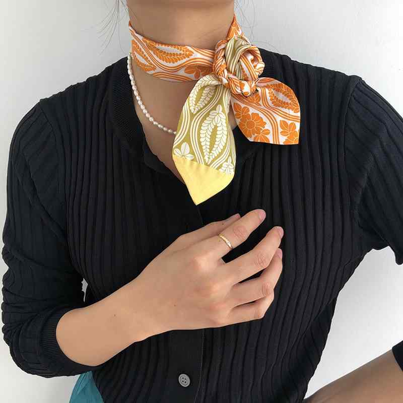 スカーフ シャツ 桑絹 シルクツイル スリムスカーフ レディース ヘアバンド バッグアクセサリー 花柄 イエロー ブルー 春夏 秋冬2