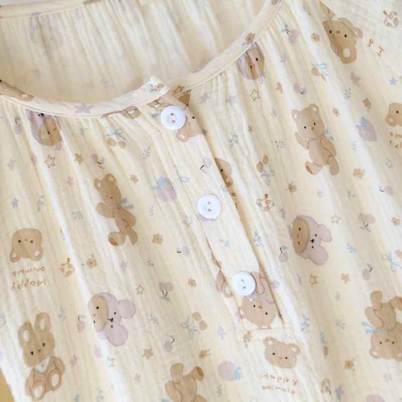 パジャマ レディース 女性用 長袖長ズボン 上下セット 綿100% ダブルガーゼ ルームウェア 部屋着 寝巻き ラウンドネック クマ ウサギ 春夏秋冬2