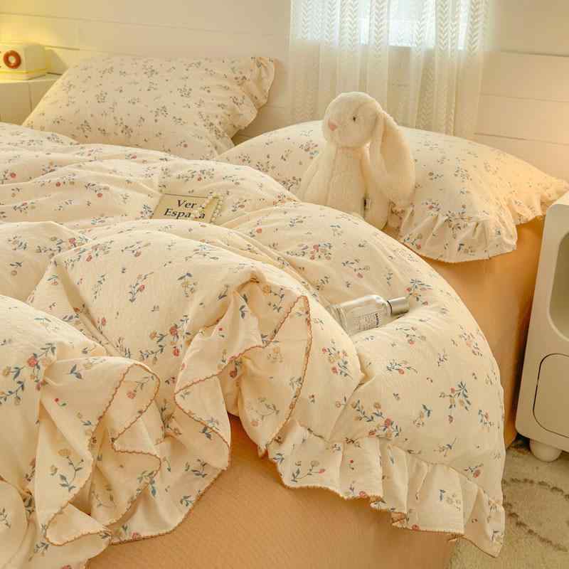 寝具 ニット コットン レース 花柄 ベッドカバー ベッドシーツ 布団カバー 3点セット 4点セット イチゴ ウサギ 小花柄 かわいい