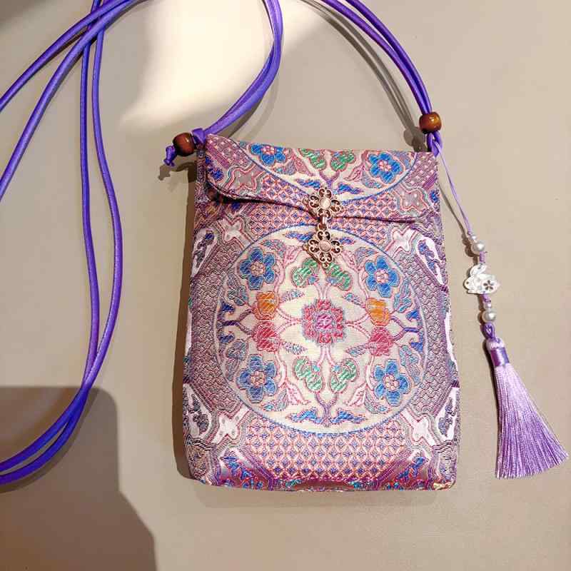 スマホショルダー 刺繍 零銭入れ がま口バッグ 紫色 花柄 帆布 文芸風 デイリー