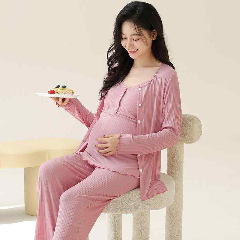 マタニティウェア 春秋 授乳服 3点セット モダール 長袖 ズボン 胸パッド付き パジャマ 部屋着 ルームウェア 産前 産後