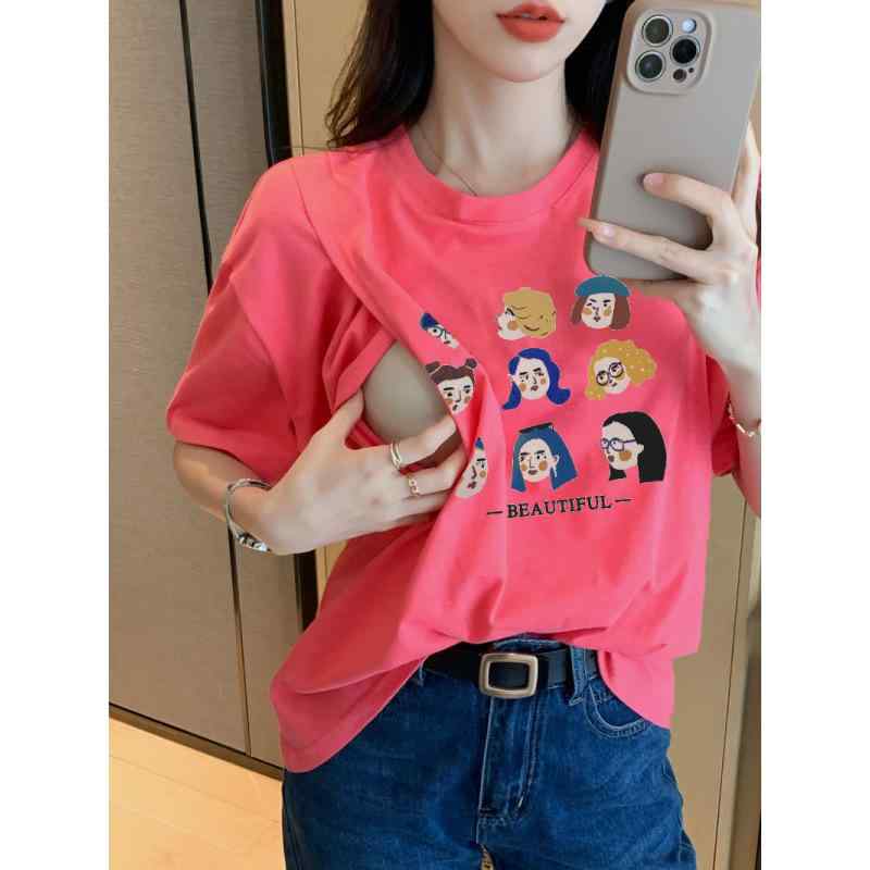 Tシャツ レディース 授乳服 半袖 コットン 薄手 外出 産後 授乳口付き ラウンドネック トップス カットソー 白 ピンク系 春夏
