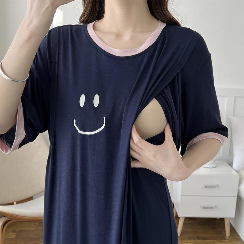ワンピース レディース 授乳服 産後 春夏 薄手 半袖 モダール ラウンドネック ルームウェア 部屋着 ミディ丈 ピンク系 ネイビー 濃いグレー 淡いグレー