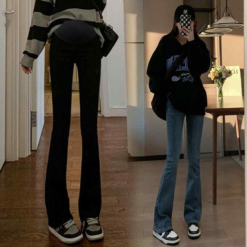 マタニティ デニムラッパパンツ 秋冬 高ストレッチ スリム 腹サポート ロングパンツ コットン 産前産後 普段使い レトロブルー ブラック グレー