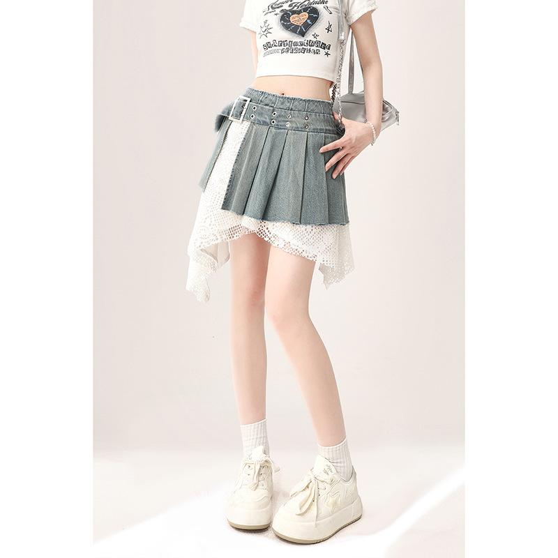 スカート レディース 不規則 レース 切り替え プリーツ ミニスカート デニム ブルー 春夏 ストリート2