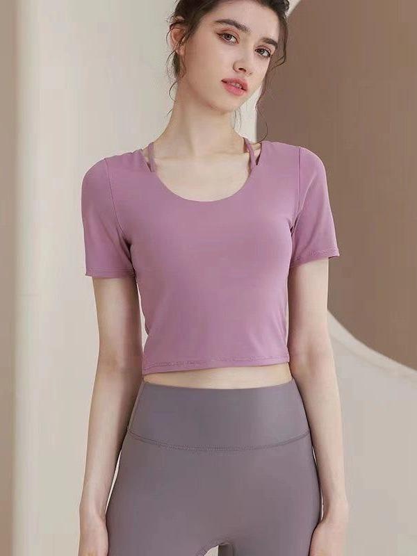 ヨガウェア レディース トップス 半袖 ブラパッド付き 美背 Tシャツ スポーツ トレーニング ウェア 春夏 ストレッチ 伸縮性 吸湿性 ブラック ブルー パープル系