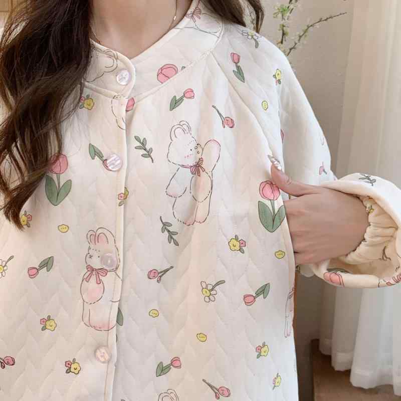 マタニティパジャマ 春秋 授乳口付き ワンピース 産後 産褥 入院 準備 厚手 ポリエステル 妊婦服 長袖 ルームウェア 部屋着 かわいい 大きいサイズ