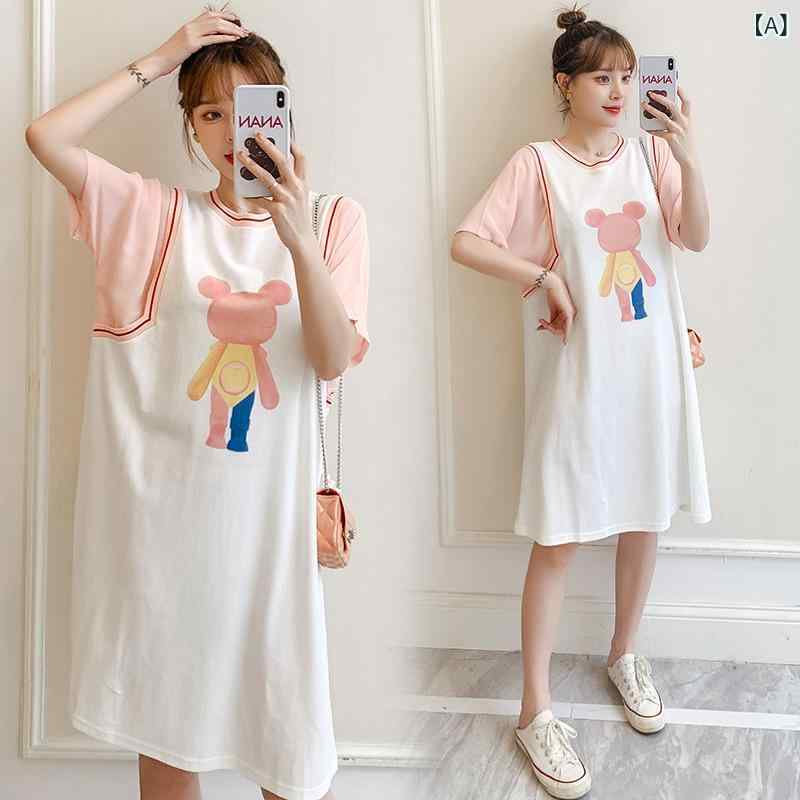 ワンピース レディース マタニティウェア 春夏 半袖 Tシャツ Aライン ゆったり 膝丈 接触冷感 部屋着 普段使い ピンク系2