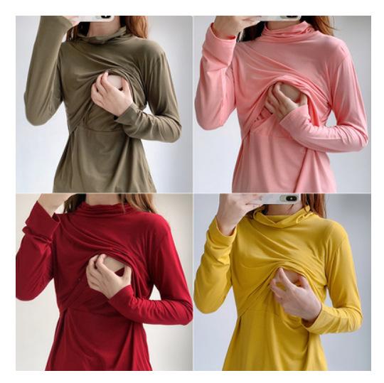 授乳服 レディース 春秋 高い襟 モダール インナー トップス ワインレッド ピンク系 イエロー系 マタニティ ウェア 産後 服2