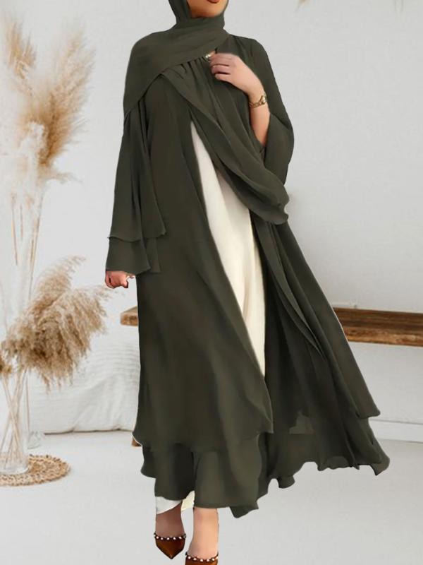 ワンピース レディース イスラム教徒 女性用 中東 サウジアラビア 開襟カーディガン ロングローブ ダブルレイヤー シフォン ポリエステル ブラック ホワイト パープル アーミーグリーン S M L XL XXL 民族衣装 長袖2