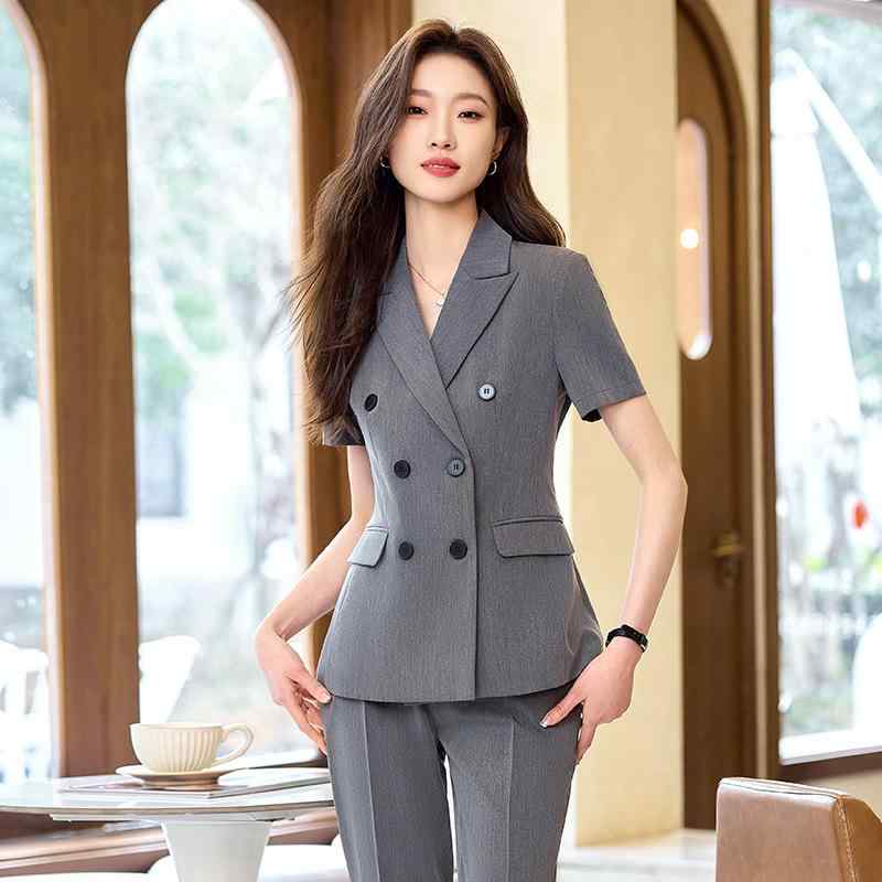 スーツ レディース 半袖 事務服 OL 営業 サマー ダブルボタン テーラード ジャケット パンツ スカート 大きいサイズ 灰色 紺色 黒色 ポリエステル