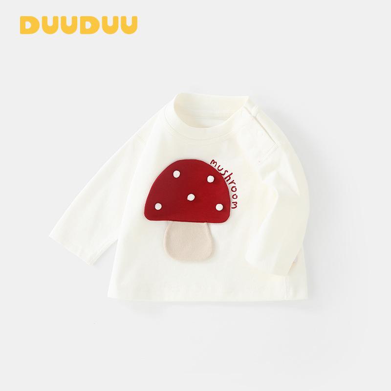 ベビー服 Tシャツ カットソー 長袖 春秋 赤色きのこ柄 白色 トップス 女児 幼児 80 90 100 110 120cm 綿 吸湿性