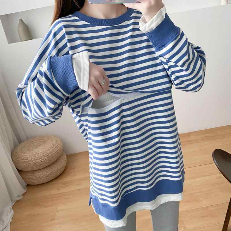 マタニティウェア 授乳服 春物 ボーダー柄 授乳口付き スウェット 長袖 トップス 綿 個性 ストリート 普段使い