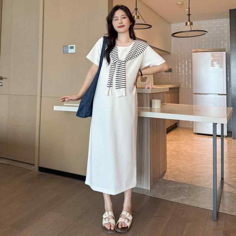 ワンピース レディース マタニティ 膝丈 Tシャツ 授乳口 無地 ボーダー 妊婦服 産前 産後 ゆったり ラウンドネック 半袖 再生繊維 伸縮性 カジュアル 部屋着