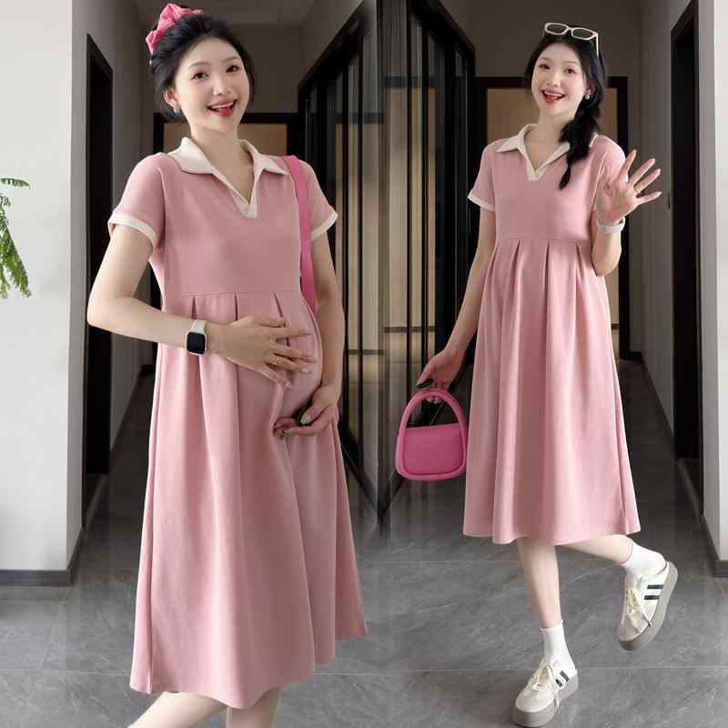 ワンピース レディース マタニティウェア 春夏 妊婦服 膝丈 Aライン ゆったり ギャザー 襟付き ピンク系 グレー ブラック
