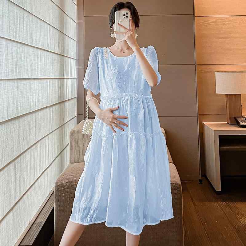 ワンピース レディース 妊婦服 春夏 A字スカート 半袖 膝丈 ミディ丈 チュール ゆったり かわいい おしゃれ マタニティウェア 白 青 ベージュ