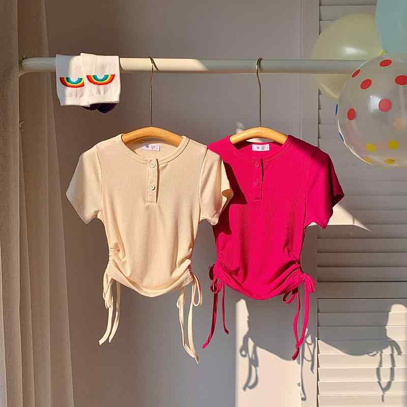 Tシャツ 女児 半袖 薄手綿 修身 かわいい Vネック カットソー 火龍果色 杏色 90cm 100cm 110cm 120cm 130cm 140cm 吸湿速乾 普段使い