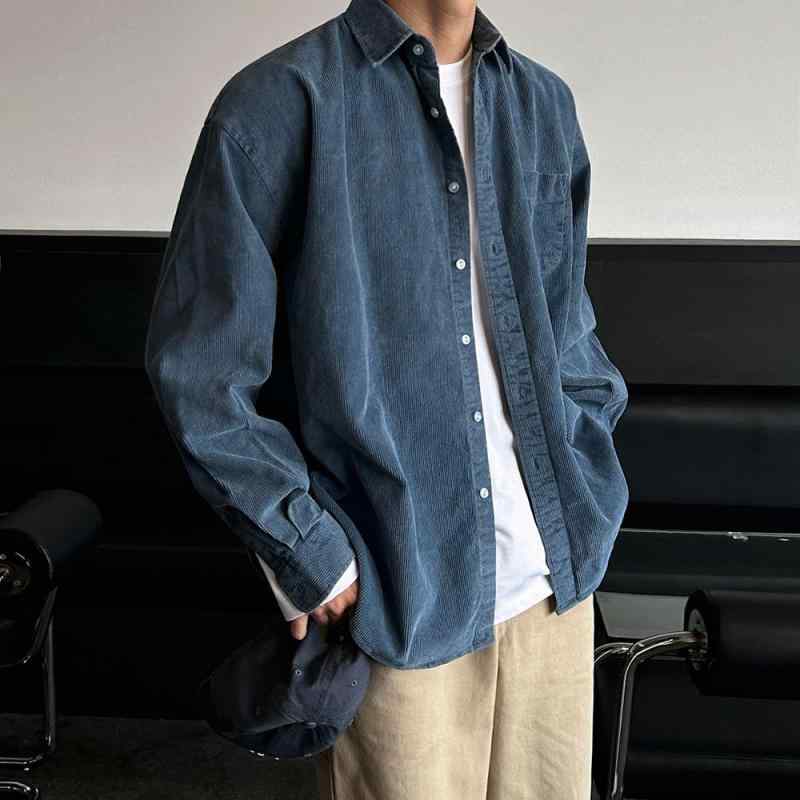 シャツ メンズ 男性用 長袖 コットン 100% 形態安定 襟付き 無地 ゆったり 春物 ブルートップス 羽織り カジュアル