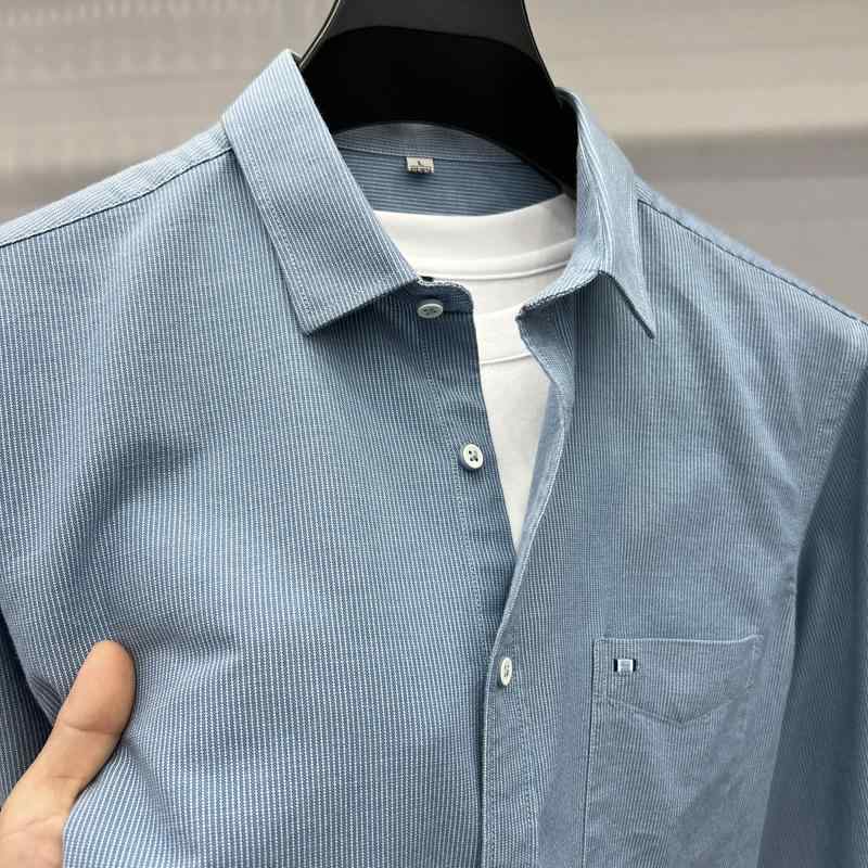 シャツ メンズ 男性用 長袖 襟付き コットン混紡 ストライプ柄 ポケット付き トップス 通気性 吸湿速乾 合体型 普段使い 春秋 グレー グリーン系