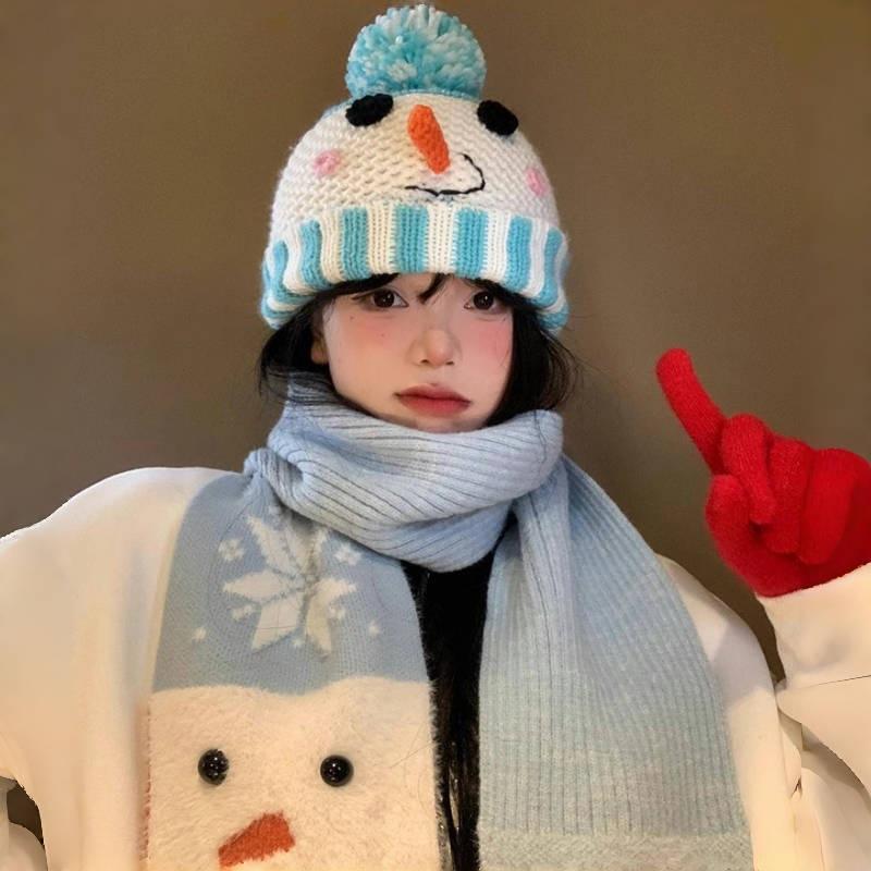 ニット帽 レディース 秋冬 韓国風 かわいい 雪だるま レトロ 防寒 暖かい 耳あて付き ブルー レッド2