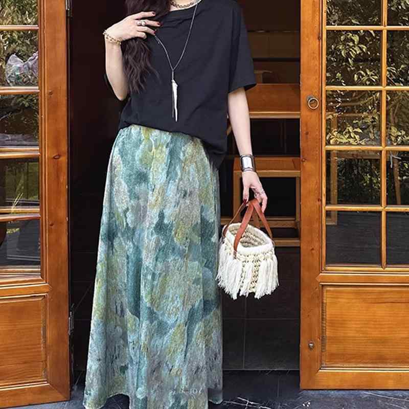 スカート レディース Aライン ミモレ丈 和風 グラデーション 模様 70%再生繊維 伸縮性 カジュアル2