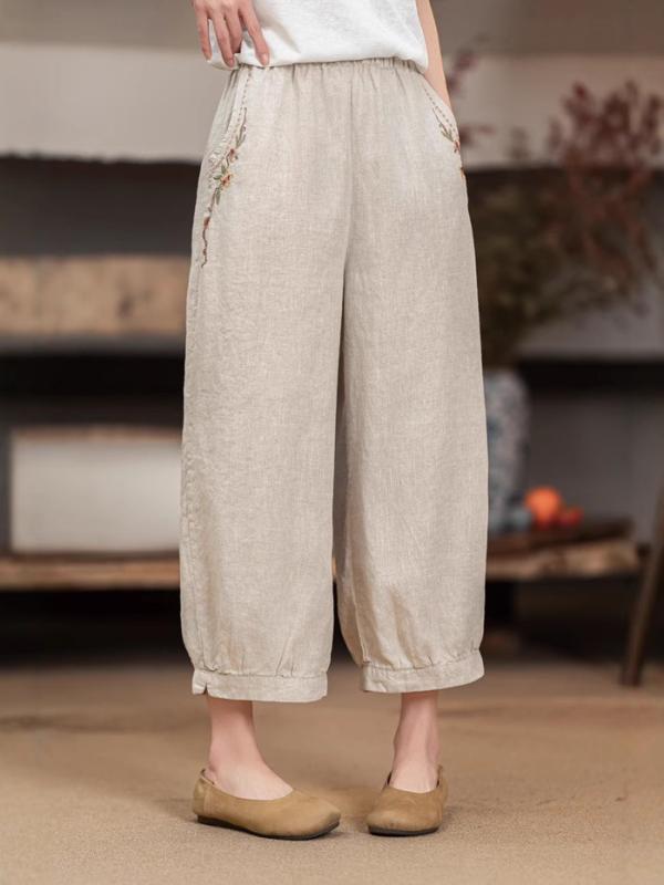 パンツ レディース リネン 麻 ワイドパンツ ガウチョパンツ 春夏 文芸風 刺・墸 ゆったり ハイウエスト 薄手 ロングパンツ 白色 米白色2
