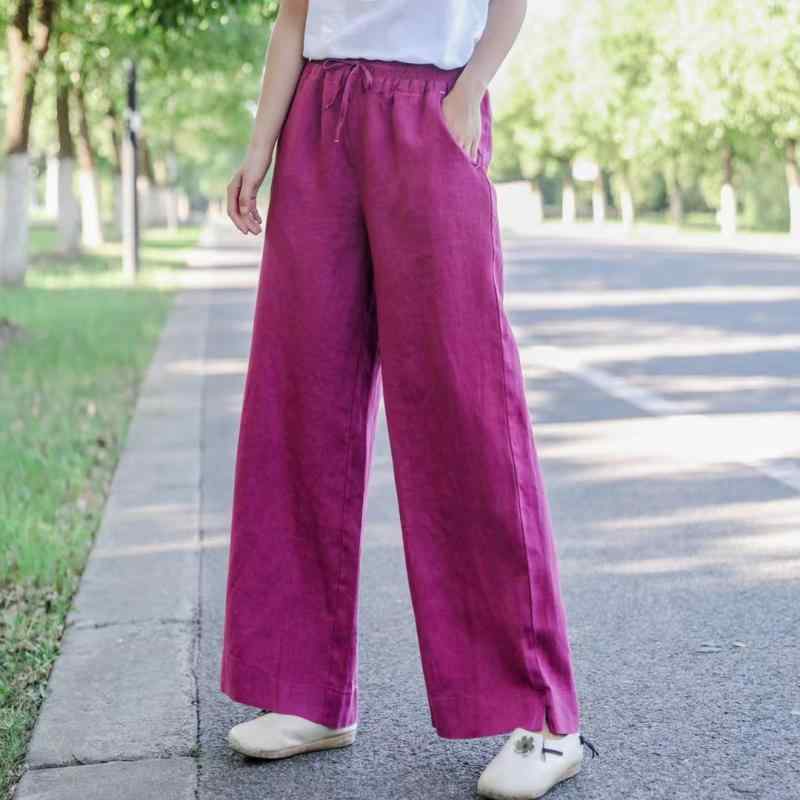 パンツ レディース リネンパンツ ワイドパンツ 麻 リラックスパンツ ストレートパンツ 無地 文芸復古 中厚手 ウエストゴム ゆったり 普段使い ルームウェア 春夏 ホワイト イエロー ブラック ブルー ピンク系 麻色 ネイビー レッド ブラウン2
