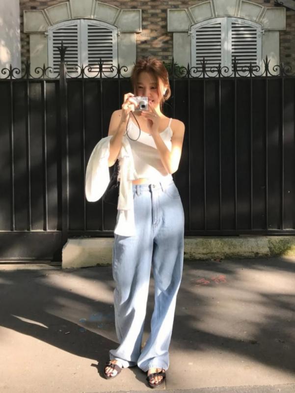 デニム レディース 高腰 直筒 ジーパン ロングパンツ 韓国風 カジュアル 普段使い 薄手 80%綿 90%綿 ライトブルー2
