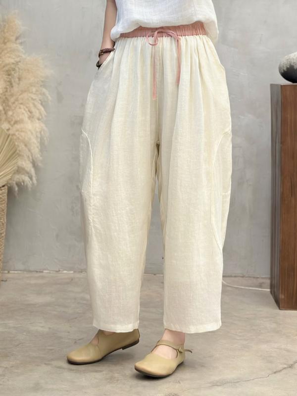 麻 リネン パンツ レディース ゆったり ワイド ハーレムパンツ 文芸風 レトロ 薄手 ウエストゴム 春夏 普段使い ルームウェア2