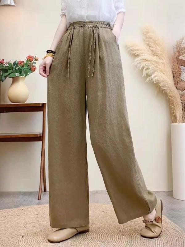 パンツ レディース 亜麻 リネン 薄手 ゆったり ストレートパンツ ゴムウエスト タッセル ワイドレッグパンツ ロングパンツ カジュアル 日韓スタイル 普段使い 部屋着 春夏2
