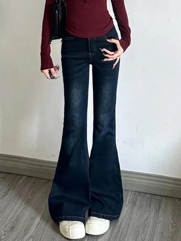 デニム レディース ジーンズ パンツ 裾広がり ブーツカット ハイウエスト スタイルアップ 美脚 脚長効果 伸縮性 ストレッチ 深青色 濃い青色 XS S M L XL
