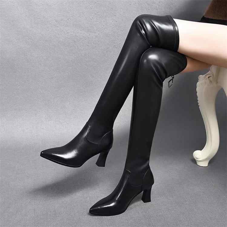 ブーツ レディース 牛革 高めヒール ポインテッドトゥ ロングブーツ ストレッチ 秋冬 春 レザー 美脚 ニーハイブーツ ブラック フォーマル パーティー クラブ