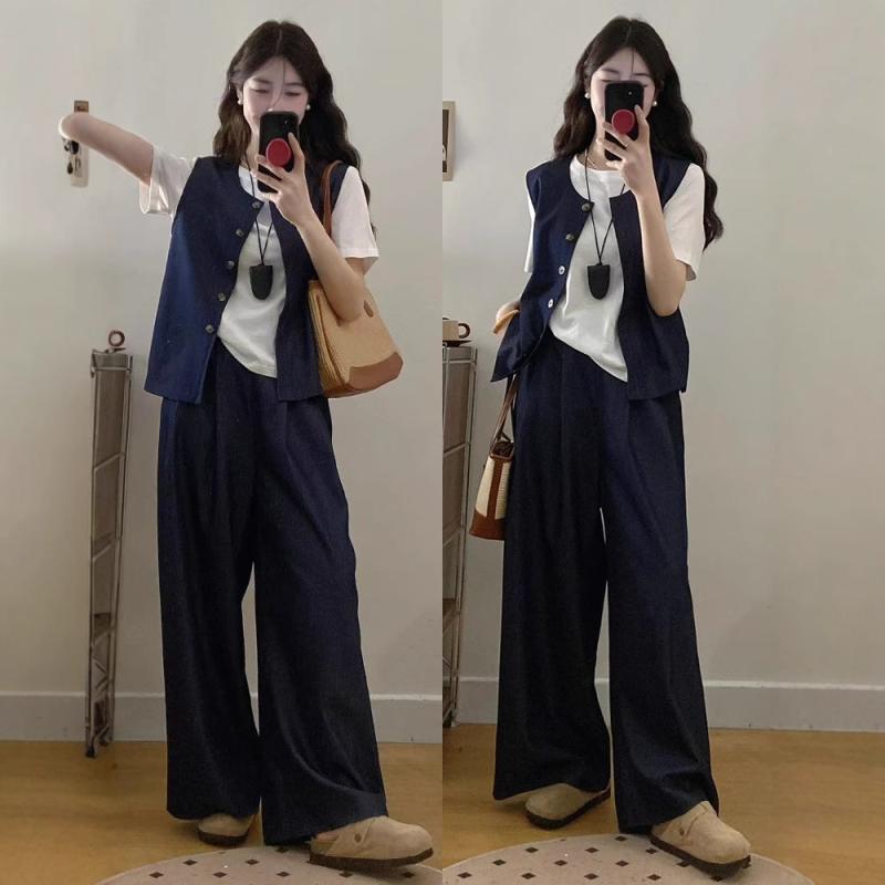 大きいサイズ アンサンブル レディース 春夏 3点セット:ゆったり カットソー ベスト ワイドパンツ 普段使い2|clearstore