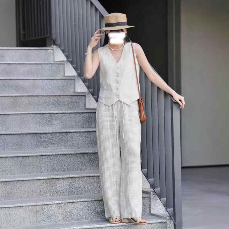 パンツ レディース 麻 リネン ストレートパンツ 春夏 カジュアル リラックス ゆったり ウエストゴム ギンガムチェック イージーパンツ ズボン2｜clearstore