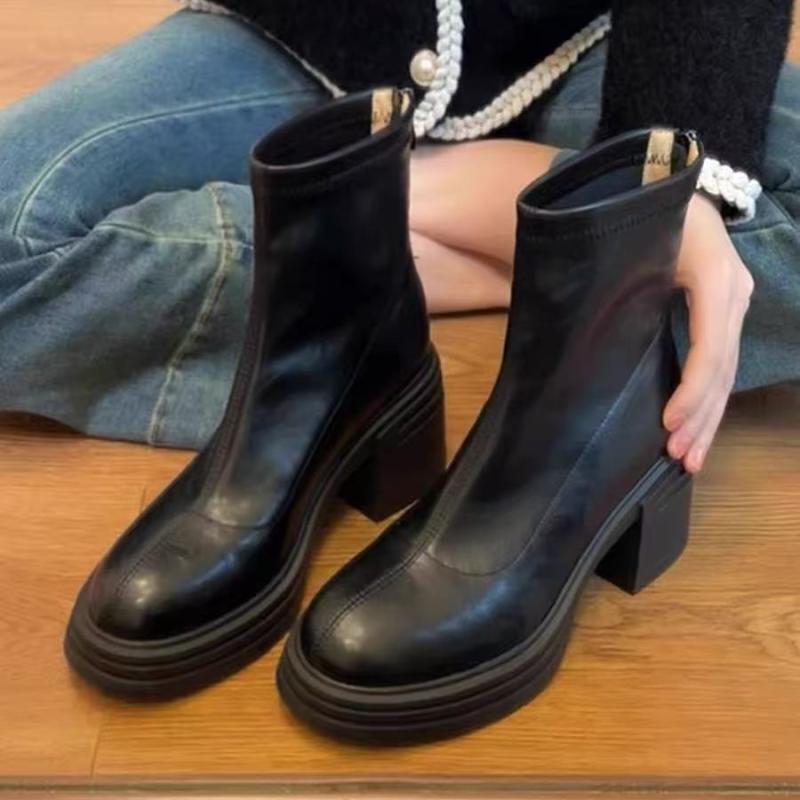 ショートブーツ レディース 厚底 チャンキーヒール ラウンドトゥ 6cm-8cm 疲れにくい 歩きやすい 美脚 黒 ブラック ブラウン レザー 合皮 スムース スタイルアップ 秋冬