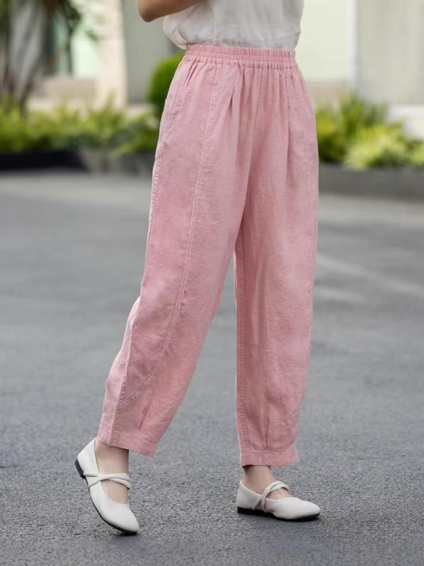 パンツ レディース 麻 リネンパンツ 刺・墸 ハーレムパンツ 切り替え デザイン ゴムウエスト ゆったり 文芸風 レトロ 薄手 白 オフホワイト ピンク コーヒー カーキ オレンジ レッド グリーン 黒2