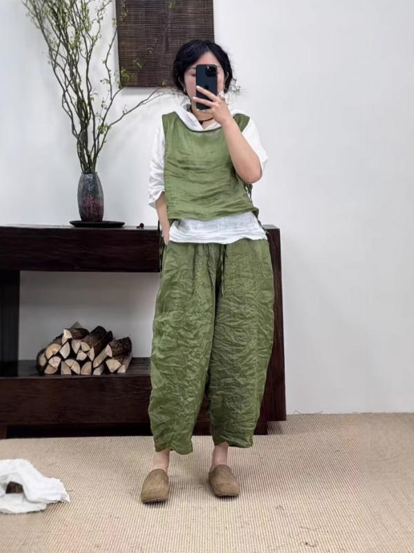 麻 リネン パンツ レディース 夏 接触冷感 ゆったり ワイドレッグ サルエルパンツ アンクル丈 切り替え 薄手 文芸風 レトロ ウエストゴム2