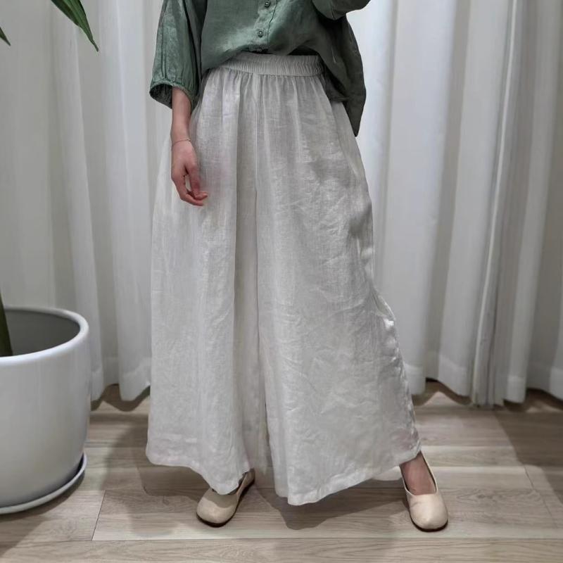 パンツ レディース 春夏 亜麻 リネン 無地 ゴムウエスト ワイドレッグ スカンツ 文芸風 ゆったり リラックス 薄手｜clearstore