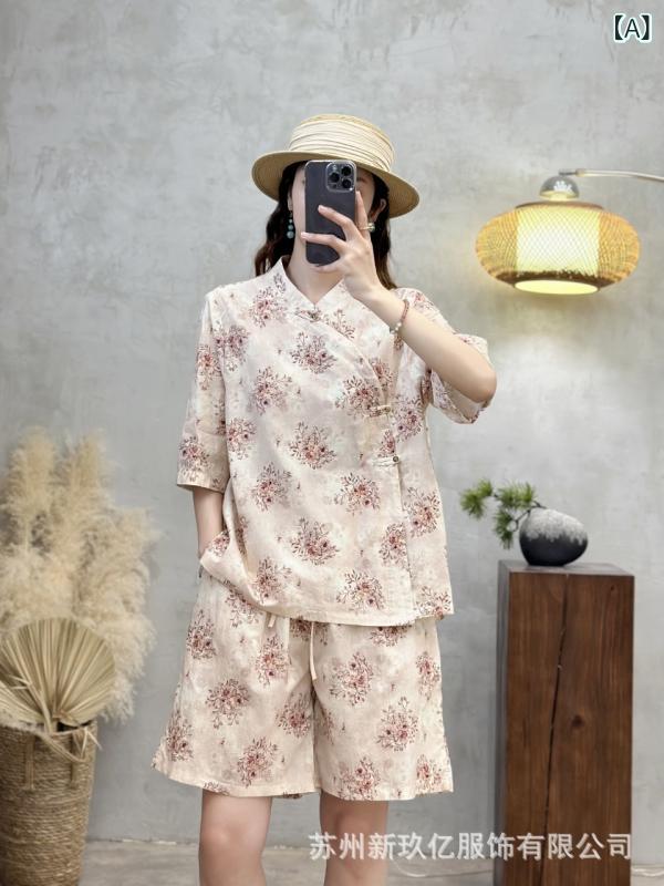セットアップ レディース 麻 リネン Tシャツ &amp; ハーフパンツ 上下セット 2点 文芸風 レトロ かわいい プリント ゆったり ウエストゴム 5分丈パンツ 部屋着 ルームウェア｜clearstore