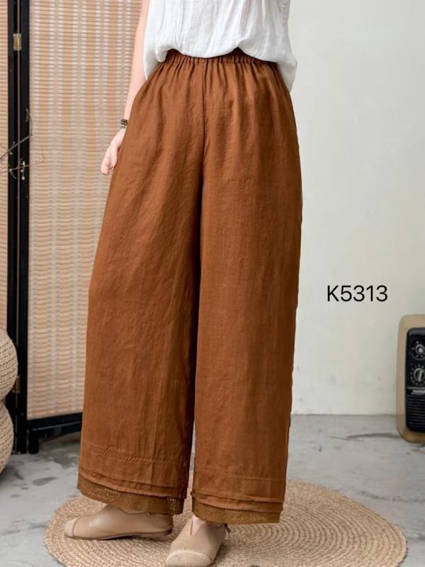 パンツ レディース 麻 リネン レース 切り替え ゆったり ストレートパンツ ハイウエスト アイボリー系 生成り ベージュ ブラウン レッド ブラック 9分丈 文芸風 リラックス2｜clearstore