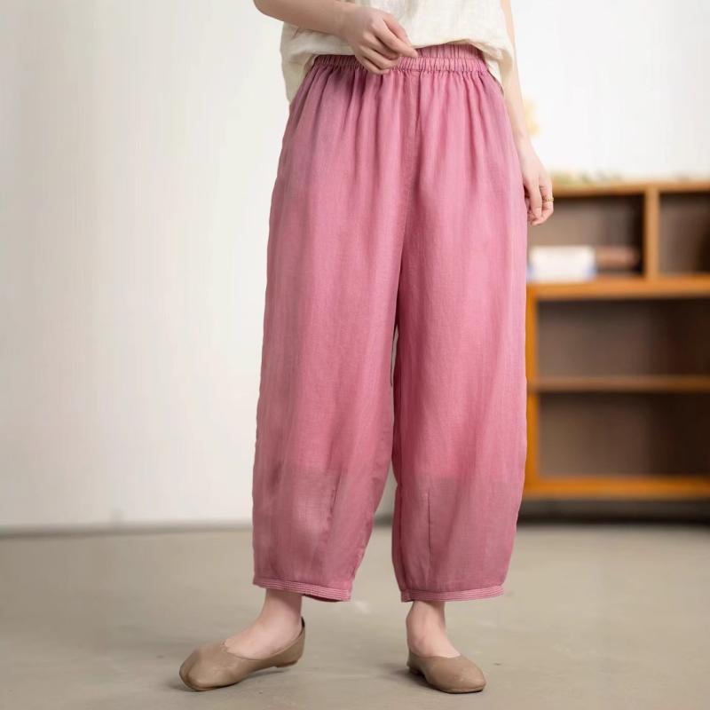 パンツ レディース 麻 リネン 9分丈 ゆったり ズボン カジュアルパンツ ワイドパンツ 文芸風 快適 杏色 ピンク系 白 緑2