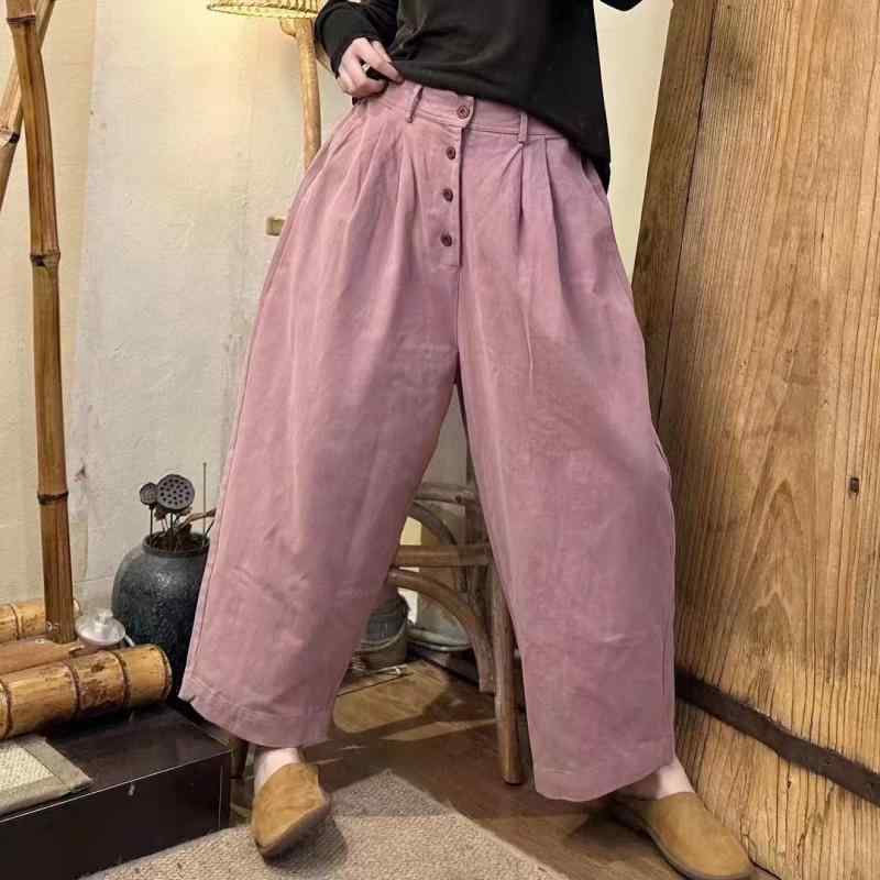 カジュアルパンツ レディース 水洗綿 ゆるパンツ 無地 リラックス ワイドレッグパンツ ドロストパンツ 文芸風 レトロ 秋2