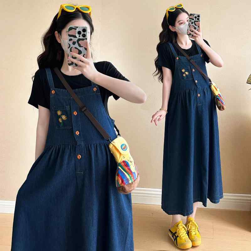 マタニティウェア セットアップ 大きいサイズ デニム ジャンパースカート 授乳服 妊婦服 コットン ゆったり 5分袖 魚尾 春夏