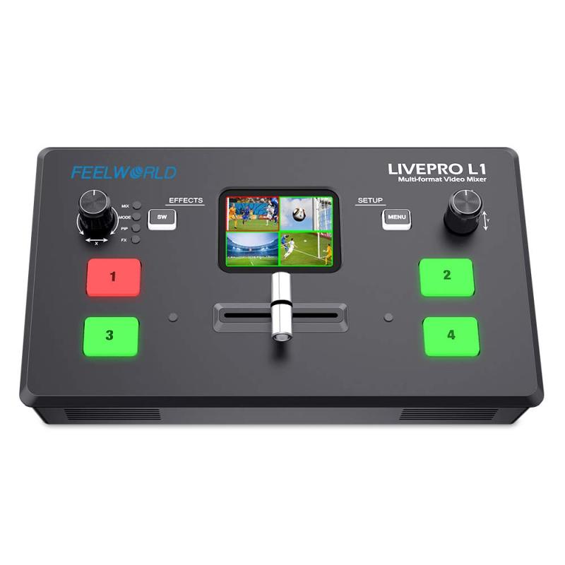 Feelworld LIVEPRO L1 V1 固定ディスク4チャンネルライブプロダクションビデオスイッチャー4xHDMIインプット USB3.0界面とHDMI最終生産物はPGMとPVWを一本立ちして築き上げるできます 2inLCDディスプレイリアルタイムリ