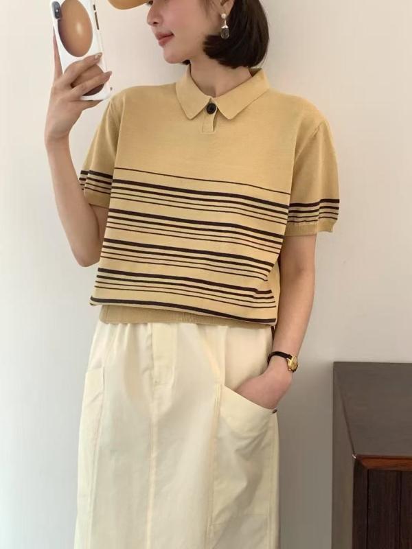 Tシャツ レディース 春夏 韓国風 ストライプ柄 POLOネック 半袖 ニット トップス カットソー 綿 スリムフィット 細見え おしゃれ かわいい 着痩せ2