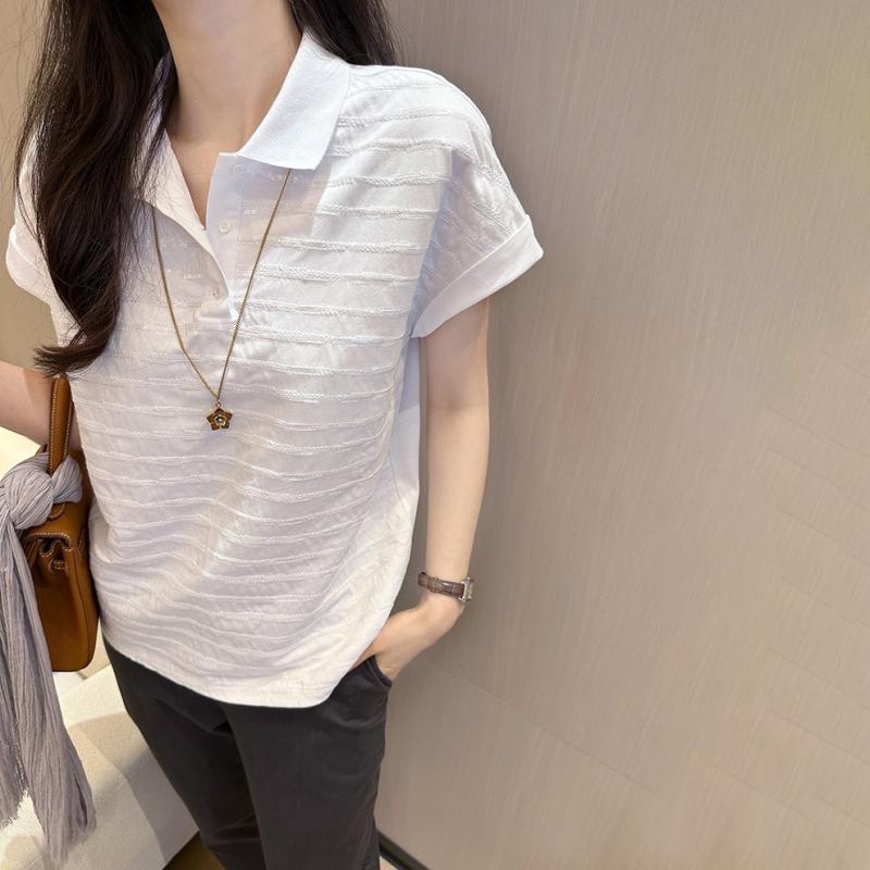 Tシャツ レディース 半袖 POLO襟 コットン 通勤 トップス 無地 スパンコール付き スリム ホワイト 白2