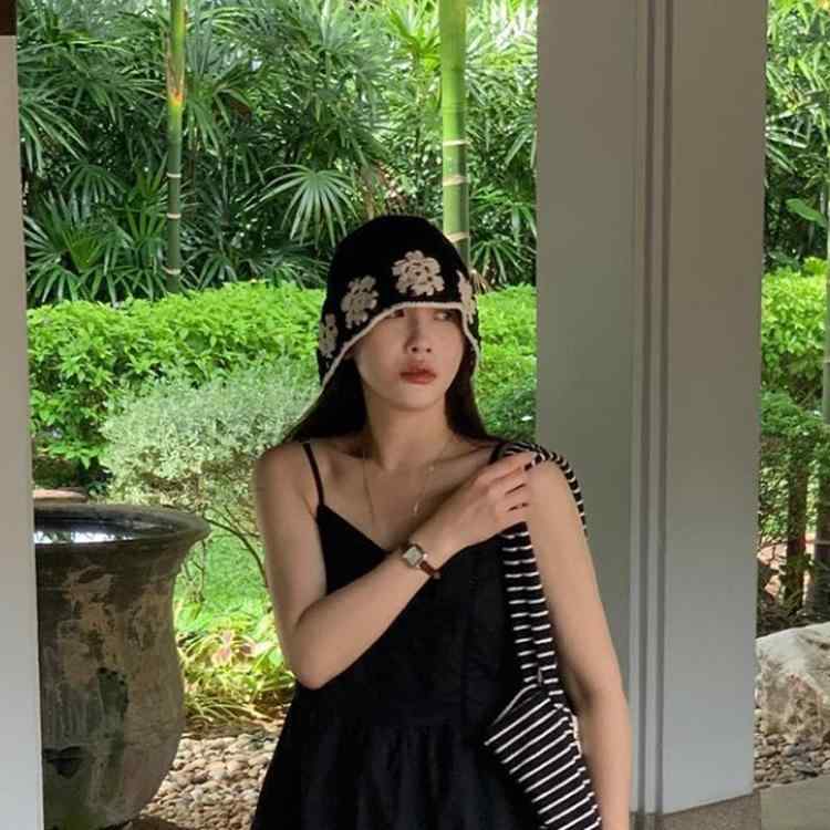 帽子 レディース 春夏 漁夫帽 小花柄 透かし編み ニット帽 ウール バケットハット かわいい おしゃれ 黒 ベージュ2