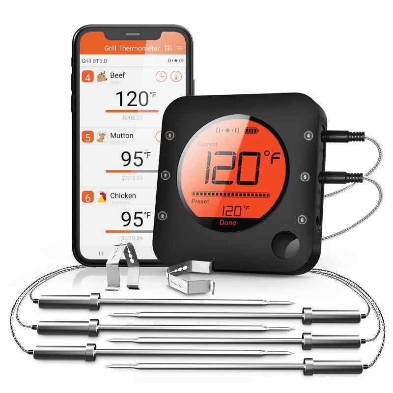 Bluetooth 肉用温度計 ワイヤレス 肉用温度計 ワイヤレスデジタルグリル温度計 6つの温度プローブ付き 大型LCDディスプレイ Bluetooth温度計 グリル 喫煙 オーブン 料理 BBQ用
