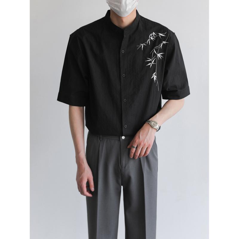 シャツ メンズ 男性用 トップス チャイナ風 竹柄 刺繍 コットン 開襟シャツ 春夏 薄手 ゆったり おしゃれ 普段使い